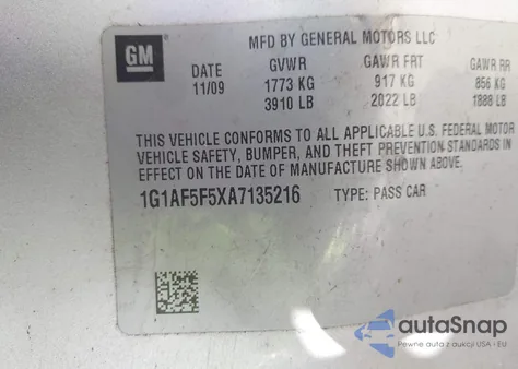 2010 Chevrolet Cobalt Lt z USA, uszkodzony, nr VIN 1G1AF5F5XA7135216